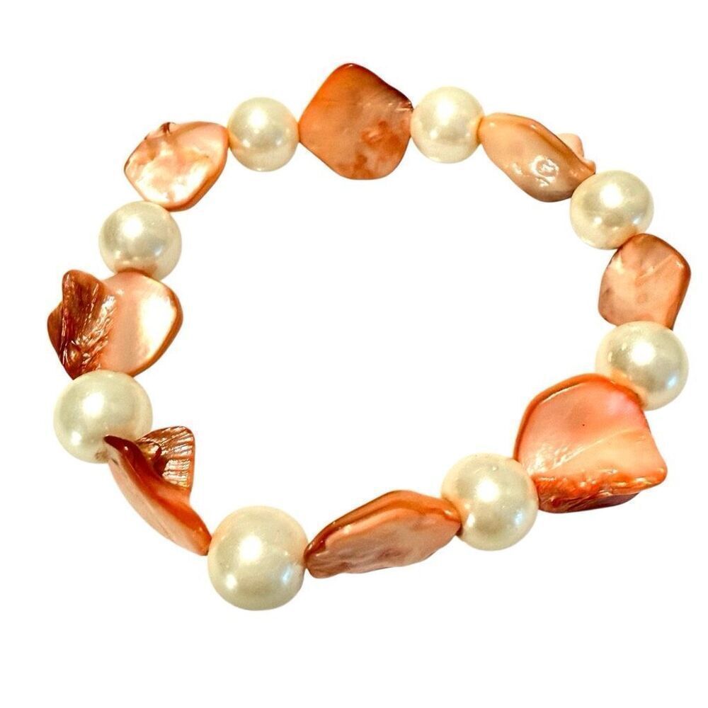 Vintage Etsy Mother Of Pearl Chip Beads Stretch baroque Bracelet Cream & Coral C